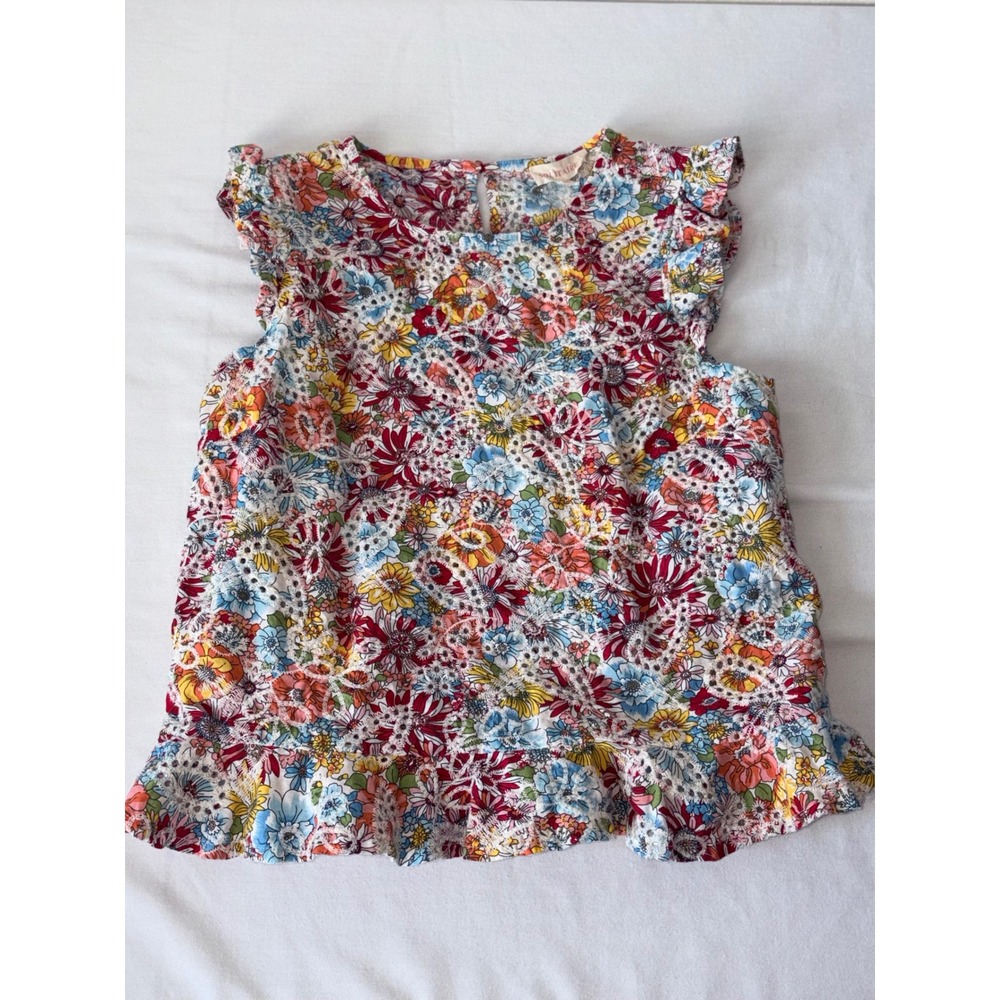 Solitaire Womens Floral Eyelet Ruffle Hem Flutter Sleeve Blouse Multicolor S